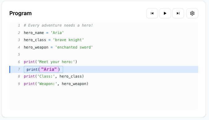 Code editor showing step-by-step execution